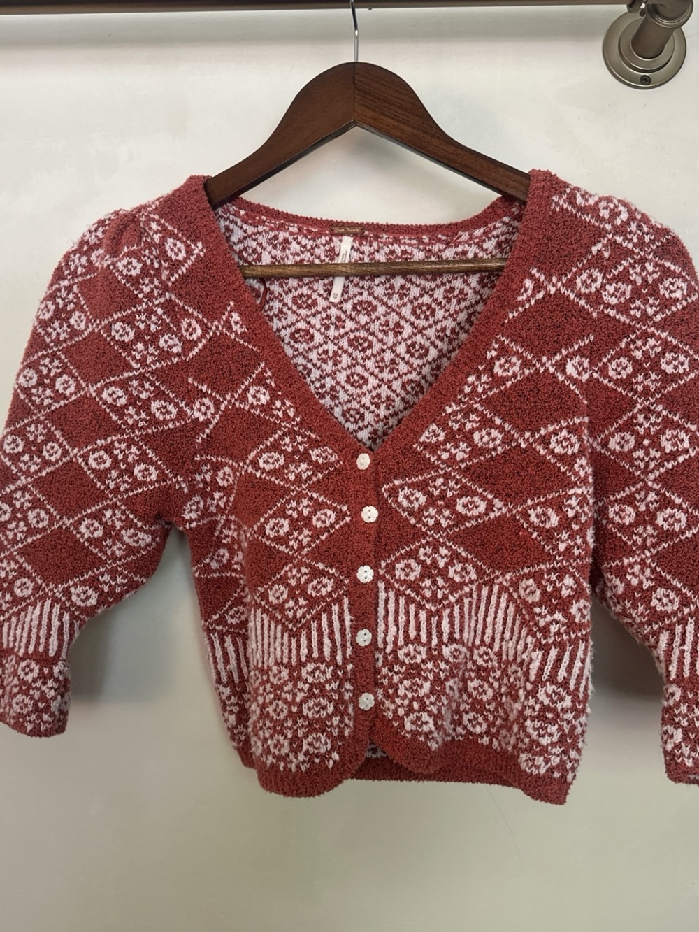Free People Rust and White Patterned V-Neck Cardigan
